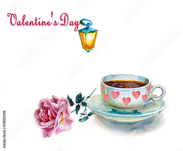 Obraz vParty colorful tea cups and saucers with flower closeup. Sketch handmade. Postcard for Valentine's Day. Watercolor illustration.