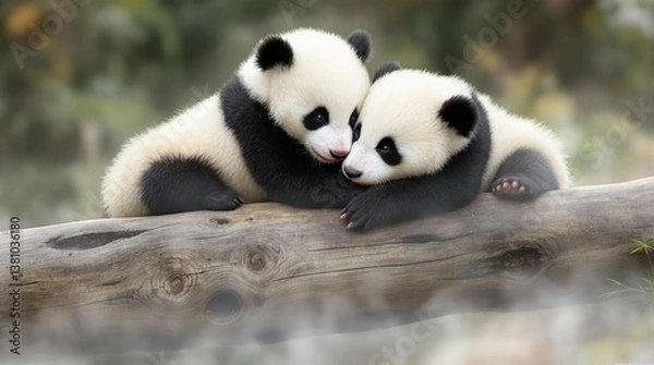 Fototapeta 2 young panda bears hugging on a tree log