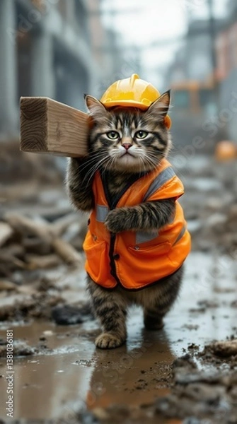 Fototapeta a cat construction worker