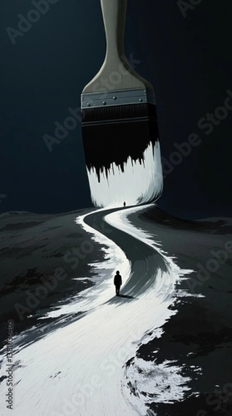 Fototapeta A surreal scene with a giant paintbrush painting a winding road across a barren landscape.