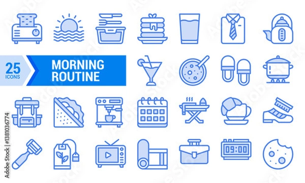 Fototapeta 25 Blue Line Icons for Morning Routine Illustration.