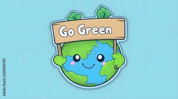 Fototapeta Sticker design of a planet Earth with cute eyes and a mouth holding a sign that says "Go Green"