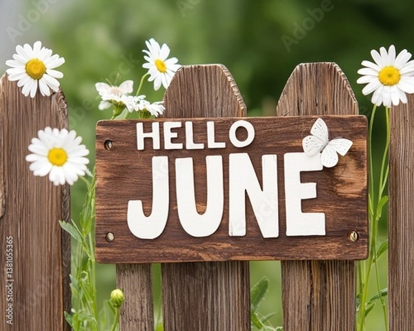 Fototapeta Hello June Background Banner. Rustic Wooden Sign Greeting June with Flowers and Green Background
