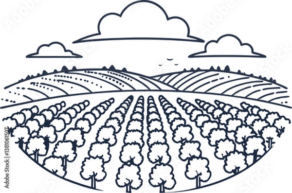 Obraz lush agricultural fields with tree rows and rolling hills under cloudy sky line art illustration