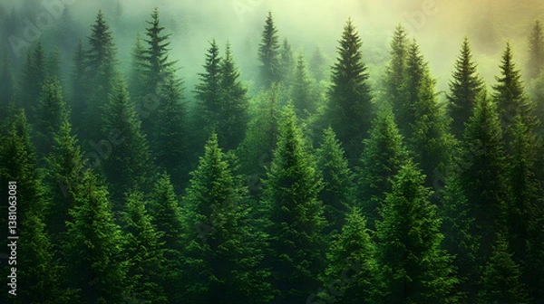 Obraz Lush Green Coniferous Forest in Morning Mist