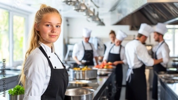 Fototapeta Young chef in a professional kitchen setting, surrounded by colleagues.  A bright, fresh atmosphere, focused on culinary skills