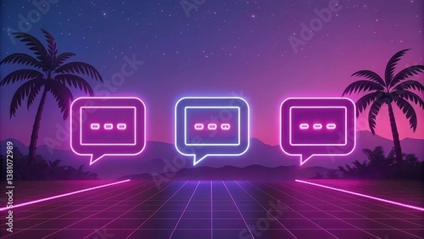 Fototapeta Digital chatbot conversation on a neon-lit retro interface, where every chat bubble is framed by pixelated neon borders, set against a soft gradient of pink and purple.