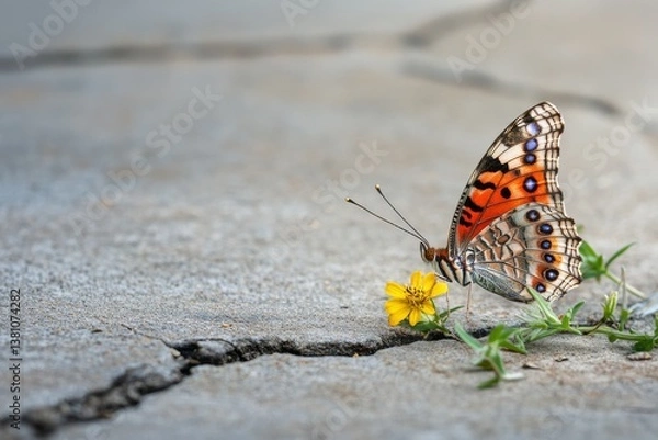 Fototapeta Close-up of a butterfly resting on a wildflower growing between cracks in a concrete sidewalk
