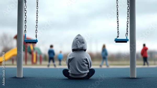 Fototapeta Lonely child sitting alone experiencing bullying in playground