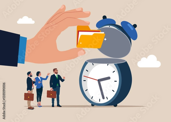 Obraz Businessman hand put new folder in open alatm. Value of folder increases over time. Savings, Open Bank Deposit. World economic vision for business, technology or investment. Vector illustration