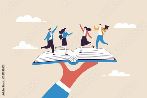 Fototapeta Employee handbook, manual for onboarding new staff, procedure or rule for welcome new hire to know company, business manual for success concept, businessman hand holding handbook with new employees.