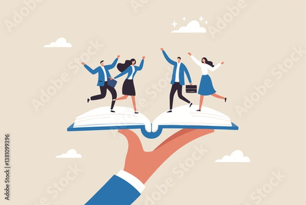 Fototapeta Employee handbook, manual for onboarding new staff, procedure or rule for welcome new hire to know company, business manual for success concept, businessman hand holding handbook with new employees.