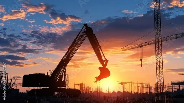 Obraz Excavator working at sunset, its silhouette highlighted against a blue sky and open construction site.