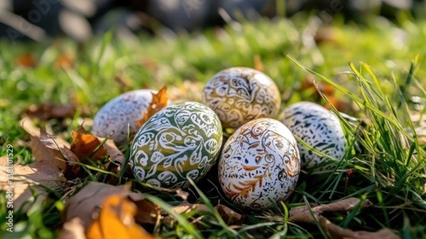 Obraz Five Easter eggs with intricate designs placed on vibrant spring grass, dappled sunlight, and blurred leaves. No people.