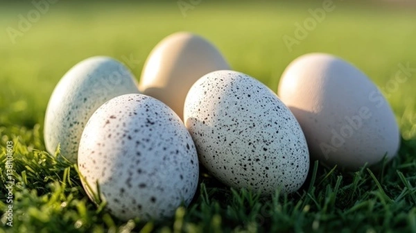 Obraz Five pastel Easter eggs arranged on green grass with gentle sunlight and soft-focus leaves. Light background, copy space. No people.