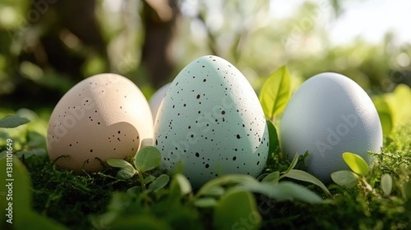 Obraz Five pastel Easter eggs arranged on green grass with gentle sunlight and soft-focus leaves. Light background, copy space. No people.