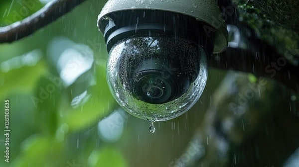 Obraz Outdoor security camera in heavy rain, waterproof surveillance system, no logo, safety symbol subtly placed