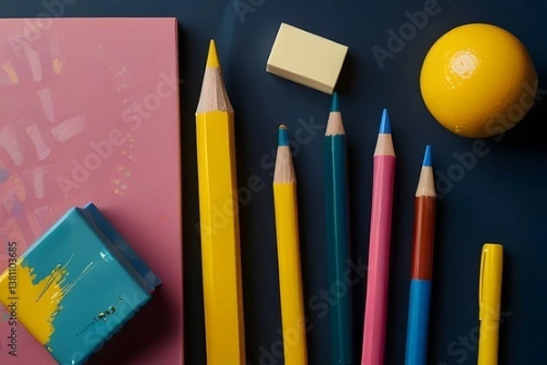 Fototapeta Pencils of pink dark blue purple colors on pink background. Flat lay top view. Education template back to school and online study concept with copy space