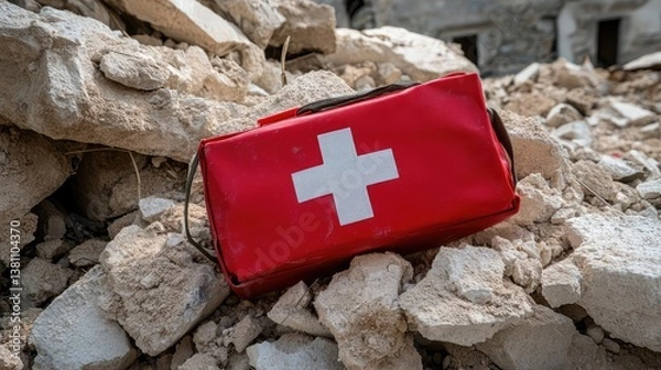 Obraz Red first aid kit placed on debris from a collapsed building, signifying immediate medical care in a disaster zone.