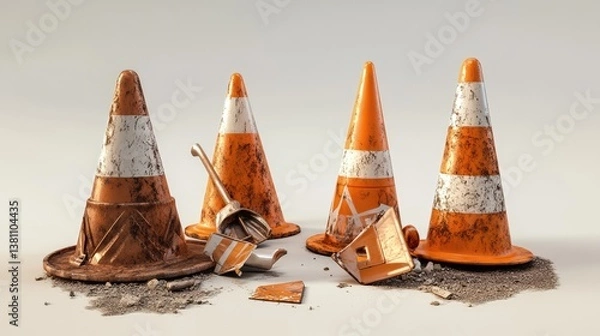 Obraz Road construction warning: barrier, traffic cone, and orange sign in a 3D model against a simple white background.