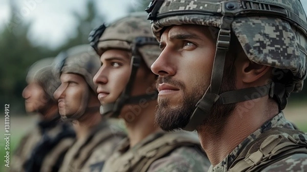 Fototapeta Soldiers in helmets and camouflage uniforms, standing side by side in a joint military exercise, side view close-up. No logos.