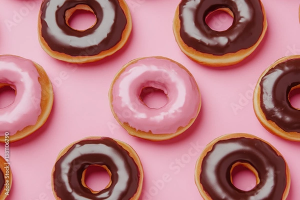 Obraz Delicious glazed donuts in vibrant pink pattern background tempting dessert flat lay arrangement