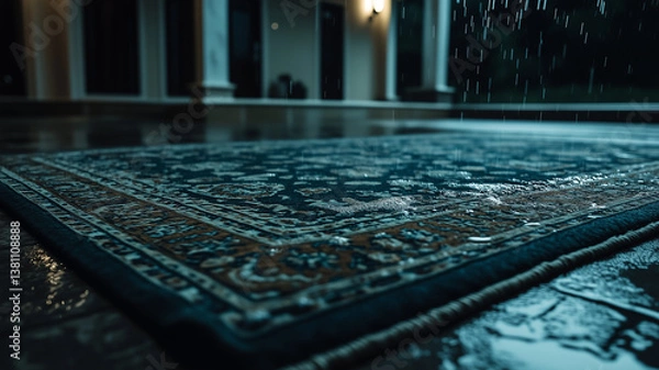 Fototapeta Oriental carpet soaked in rain on a wet floor at night
