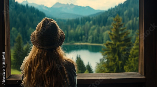 Fototapeta Woman with hat looking at mountain lake through wooden window