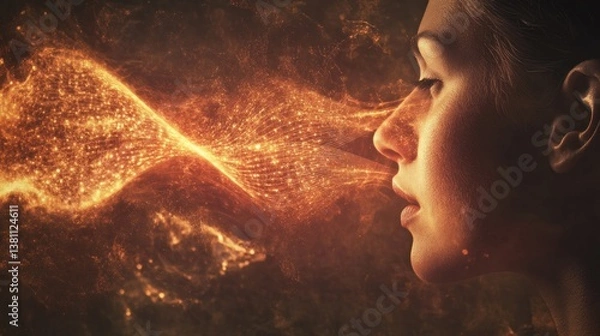 Obraz Side profile of a woman with golden energy flow from her mouth