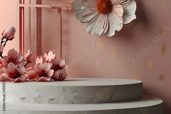 Fototapeta Modern aesthetic peony bloom floral podium abstract scene. Empty stage minimalistic boho design background. Stand product showcase