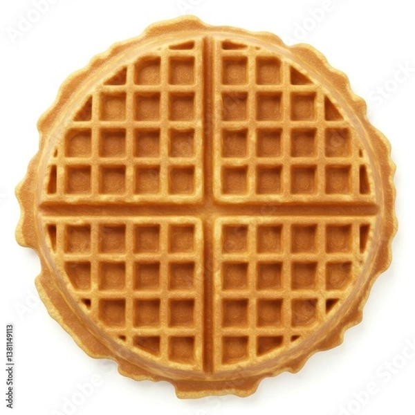 Obraz A single round waffle with a grid pattern on a white background photographed from directly above it
