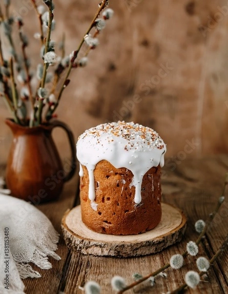 Obraz Festive iced easter cake with sprinkles on rustic wooden background