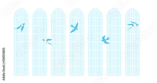 Fototapeta Flying swallows with high windows on a background