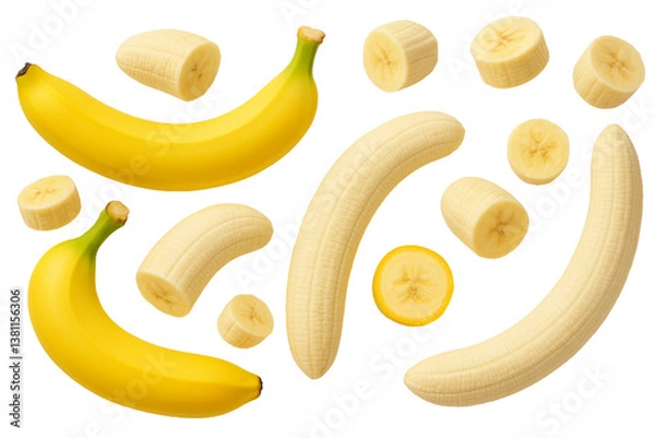Obraz  PNG set - A vibrant composition showcasing fresh, ripe bananas, with some peeled and sliced, inviting visual delight.