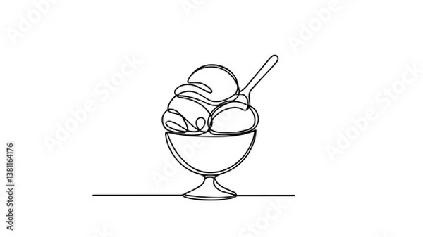 Fototapeta minimalist continuous one line drawing illustration of a realistic ice cream in bowl