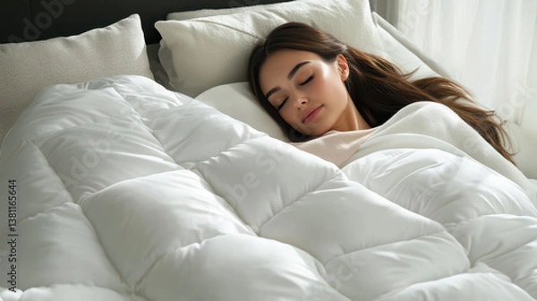 Fototapeta person sleeping peacefully under soft, fluffy blanket, enjoying restful moment in cozy bedroom setting. serene atmosphere enhances feeling of comfort and relaxation