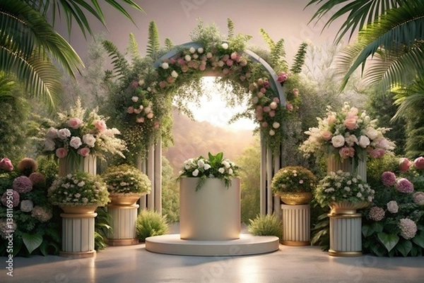 Fototapeta A romantic garden wedding ceremony beneath a floral archway, bathed in soft sunlight and surrounded by lush greenery and elegant floral arrangements.