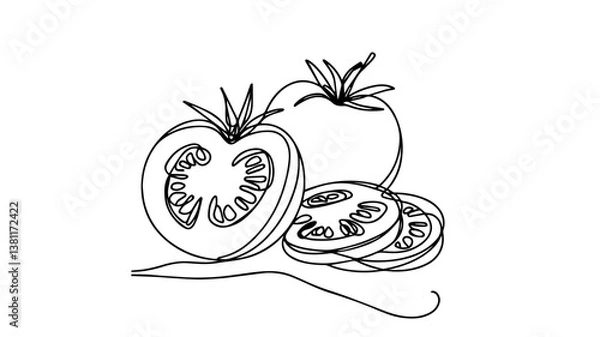 Fototapeta vector illustration of  Sliced tomatoes using one continuous line 