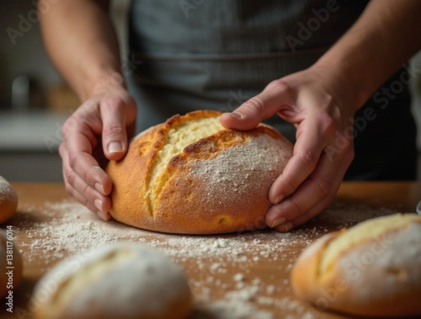 Obraz Baker with freshly baked bread. Bakery background