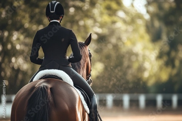 Fototapeta Equestrian rider in black uniform on horseback in sunlit arena