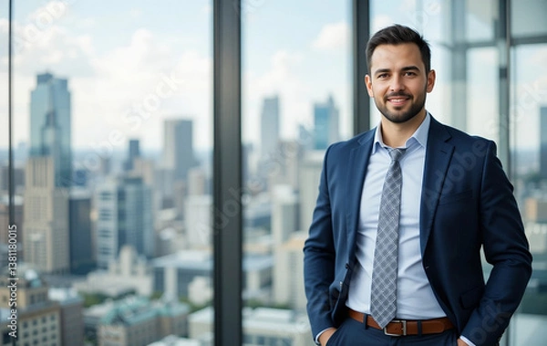Obraz Confident business leader standing in front of a glass wall, young smiling businessman standing in corporate office