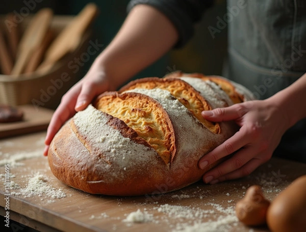 Obraz Baker with freshly baked bread. Bakery background
