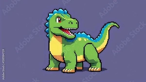 Fototapeta Adorable pixel art dinosaur, cheerful expression, vibrant green and blue hues, playful design, perfect for kids' content or gaming.
