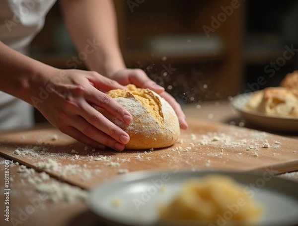 Obraz Baker with freshly baked bread. Bakery background