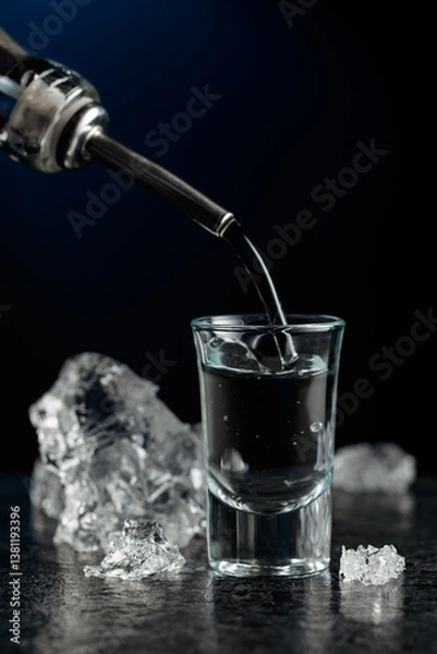Obraz Crystal clear vodka or gin being poured into a glass.