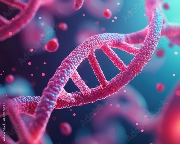 Fototapeta A vibrant, detailed representation of a DNA double helix, illustrating molecular structures and genetic material in a visually captivating manner.