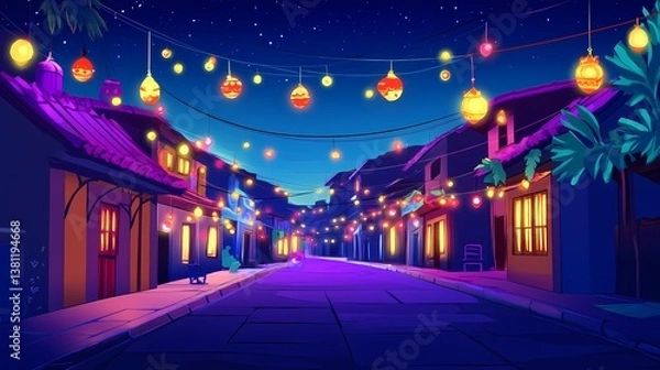 Fototapeta Night street scene, illuminated with lanterns