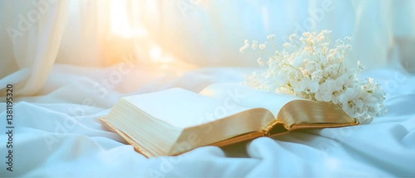 Obraz white empty big book open and white flowers over white courtin illuminated by sunlight interior; concept of innocent, first holy communion, wedding, sacred sacrament; copy space