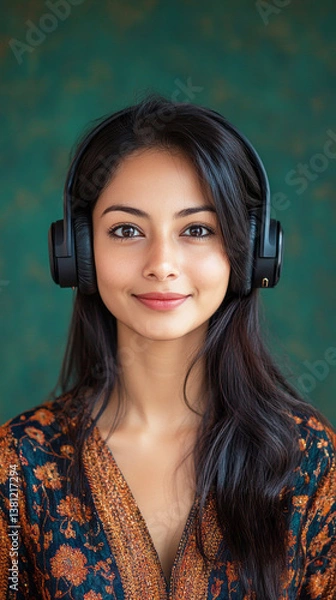 Fototapeta Portrait of a joyful Indian girl with headphones, green background, capturing the essence of online learning or music passion, ideal for tech-savvy and educational themes