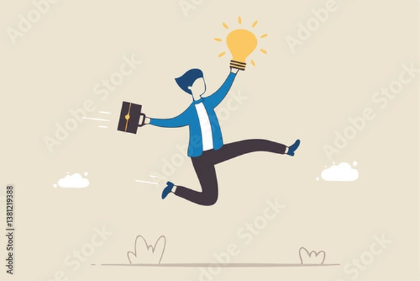 Fototapeta Get new business idea, think or brainstorming for solution, creativity or invention, brilliant idea discovery, intelligence or wisdom to drive success concept, businessman jump lightbulb idea head.